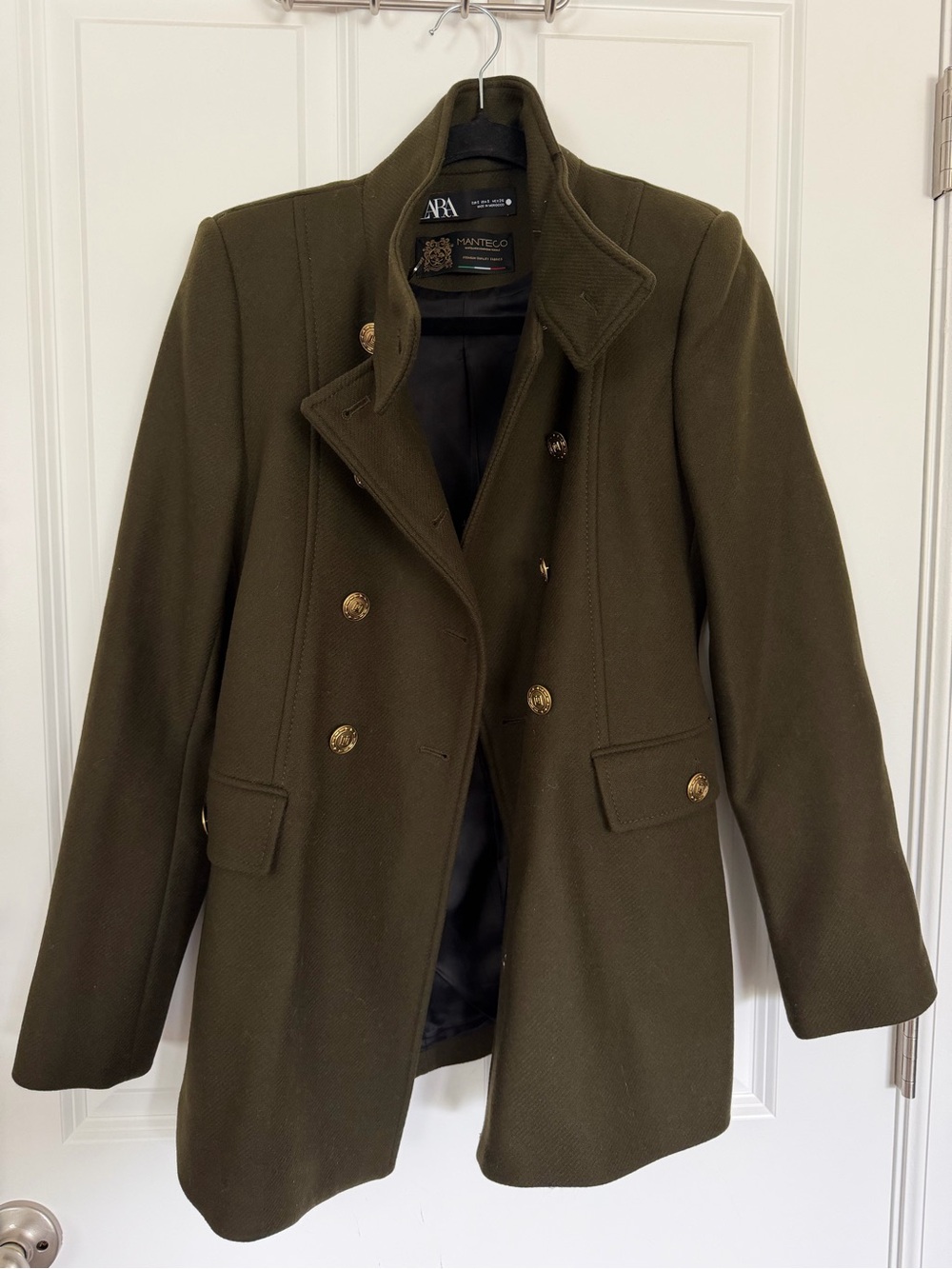 Zara Olive Green Wool Blend Coat with Gold-Tone Branding